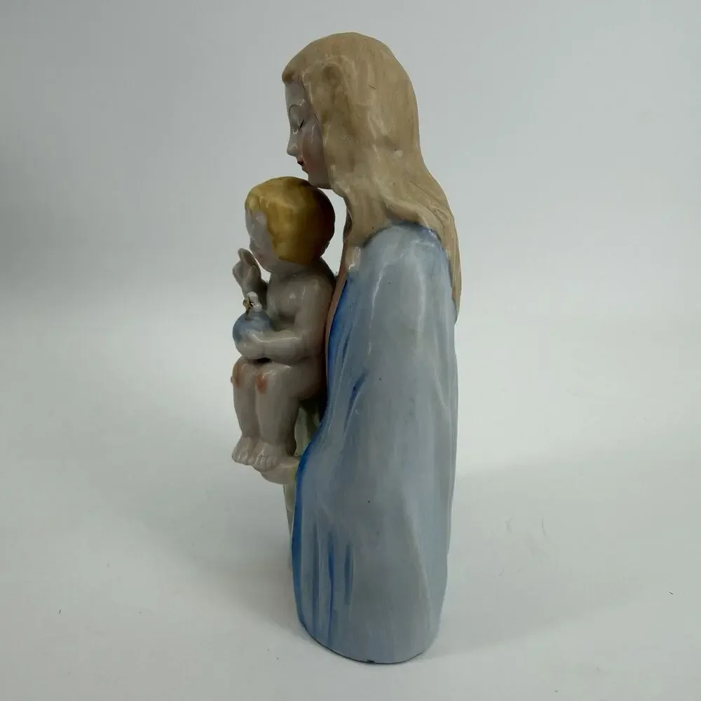 Vintage MCM Madonna Jesus Figurine Porcelain Glazed Catholic Blue Orb 50s 60s